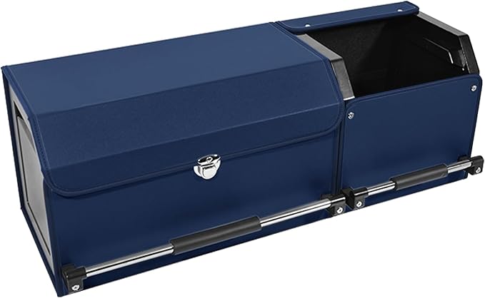 Car Trunk Organizer, Leather Trunk Organizer for SUV with Lid and Sturdy Handle Collapsible Adjustable Storage (Blue, 33 x 11.4 x 12.2in)