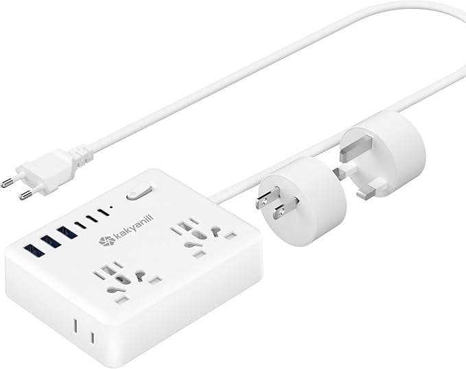 Universal Travel Adapter, Kakyanill European Travel Plug Adapter, EU/UK/AU/Plug Adapter, 4 AC Outlets, 6 USB Ports (3 USB C), 5ft Flat Extension Cord, Compact for Travel
