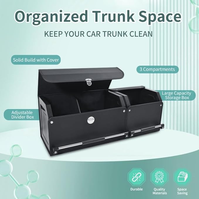 Car Trunk Organizer, Collapsible Leather Car Trunk Storage Organizer with Lid and Sturdy Handle Car Organizer and Storage for SUV, Truck, Sedan (Black, 36.2 x 11.4 x 12.2in)