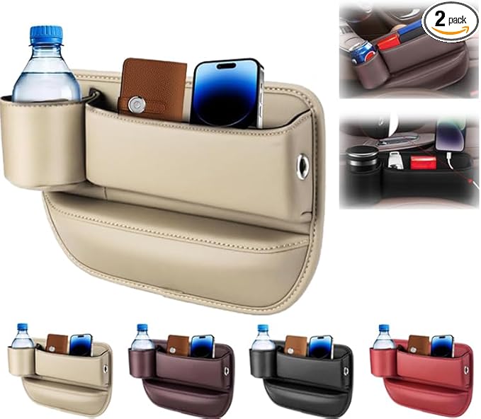 Car Leather Cup Holder Gap Bag, Car Seat Gap Filler Organizer with Water Cup Holder and Phone Charging Hole (White, Driver Side)