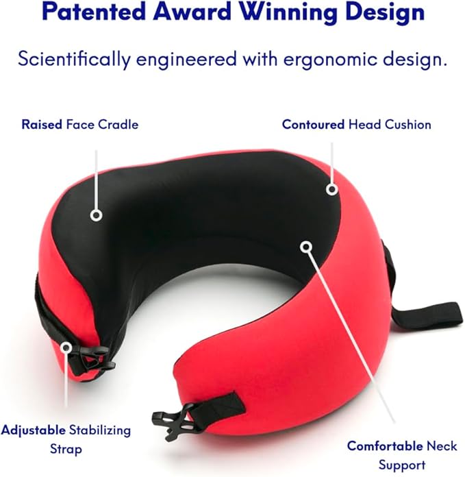 C CUSHION LAB Travel Pillow, Award-Winning Patented Ergonomic Design for Chin & Neck Support Memory Foam Neck Pillow, Compact Airplane Pillow for Traveling, Flight, Car (Bold Red, Medium)