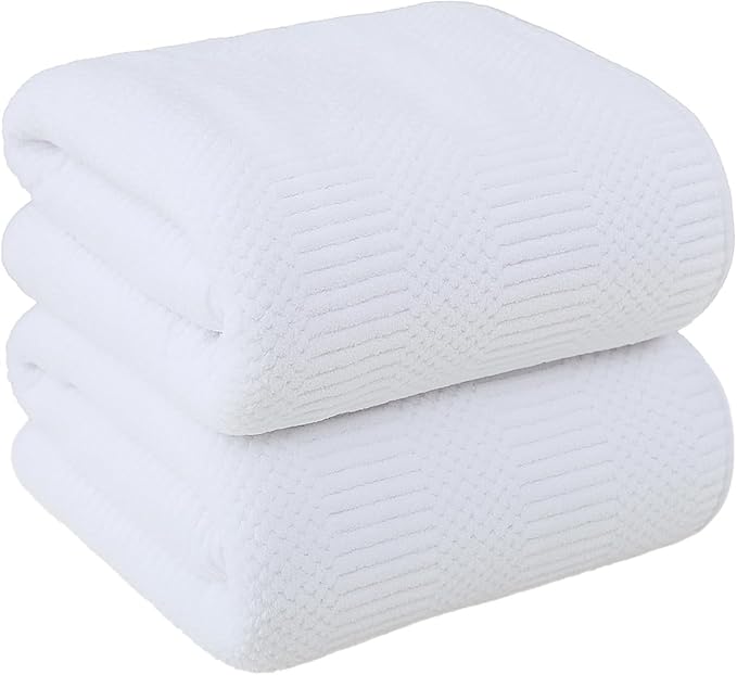 JML Bath Towels Set, Large Microfiber Body Towel for Adult, 2 Pack, 30" x 60", Oversized, Soft, Super Absorbent, Fast Drying, Use for Sport, Fitness, Yoga, Fleece Diamond Cross Grid White