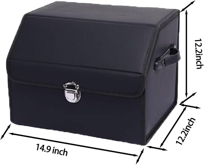 Leather Storage Box Car Trunk Organizer for Trunk SUV Sedan, Leather Foldable Storage Box with Lid (Black 14.9" L*12.2" W*11.8" H)