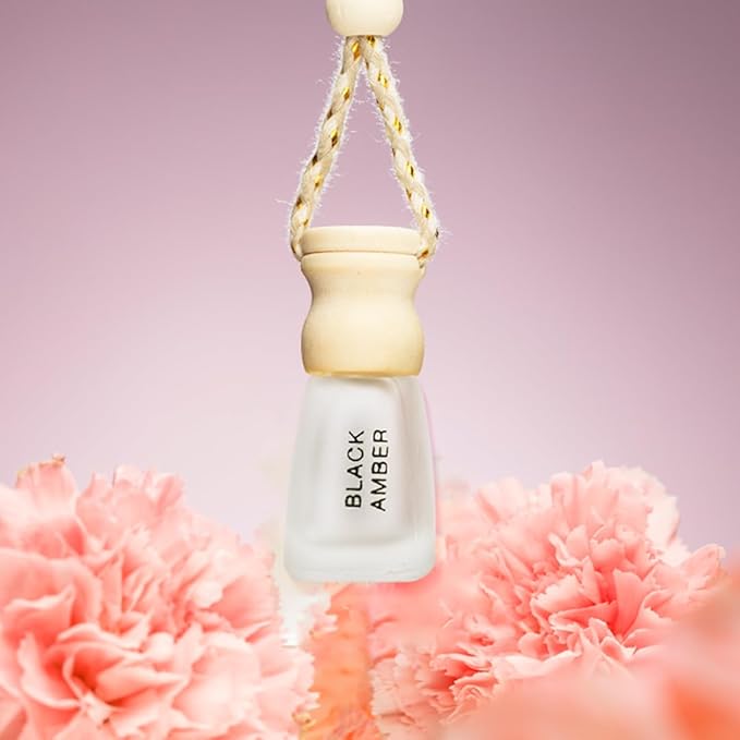 Evair Pack of 2 Hanging Car Air Freshener (Black Amber + Ocean Rush), Car Accessories Interior, Car Perfume Aroma with Essential Oils Fragrance in Glass Bottle with Wooden Diffuser Lid (3ml Each)