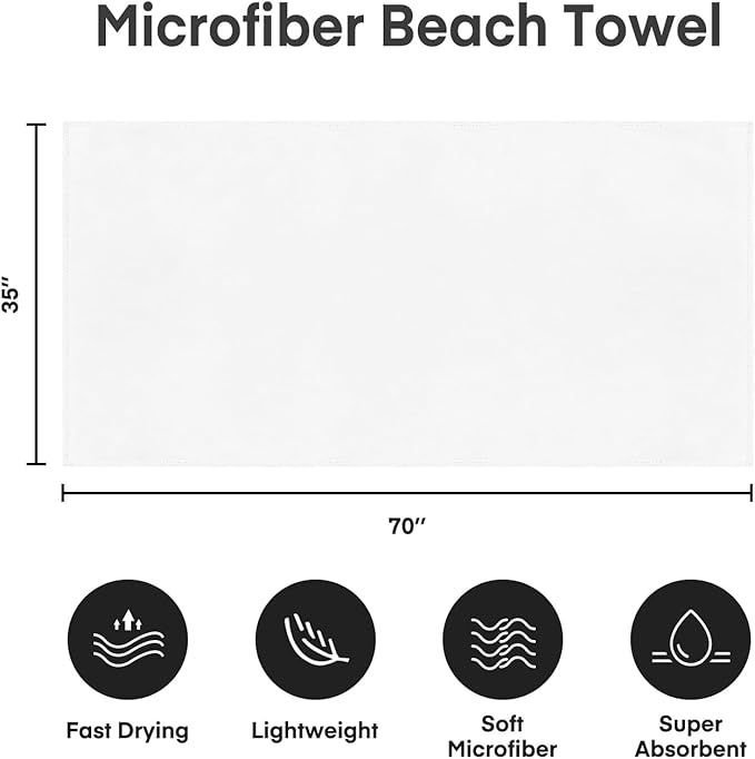 JML Microfiber Bath Towels, Bath Towel 2 Pack(35" x 70"), Oversized, Soft, Super Absorbent and Fast Drying, Multipurpose Use for Sports, Fitness, Yoga, Microfiber White