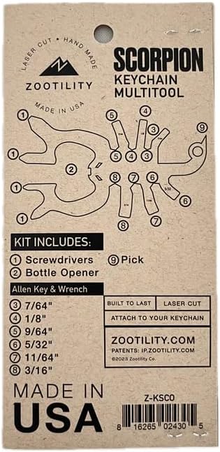 Keychain Multi-Tool | Zootility Tools | Allen Keys, Wrenches, Screwdrivers, Bottle Opener, and MORE. Stainless Steel, MADE IN USA (Scorpion Key 18-in-1)