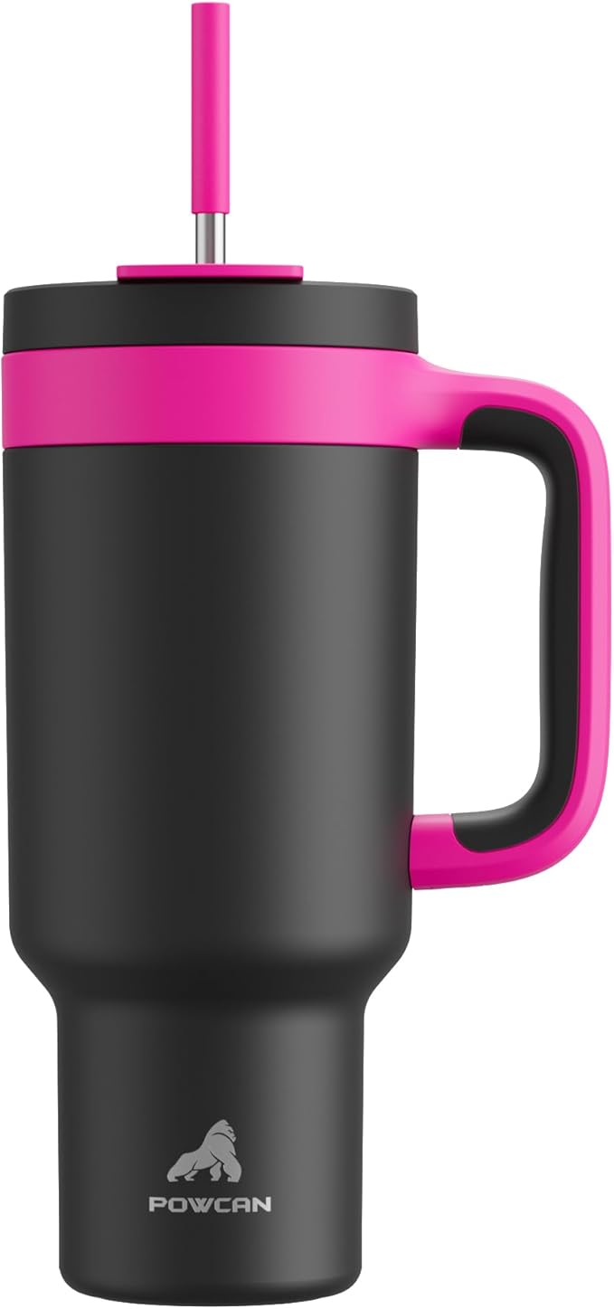 POWCAN 40 oz Tumbler with Handle, 2-in-1 Straw and Sip Lid, Leakproof, Dishwasher Safe, Insulated Stainless Steel Travel Coffee Mug, Keeps Cold for 34 Hours, Fits in Car Cup Holder (Berry)