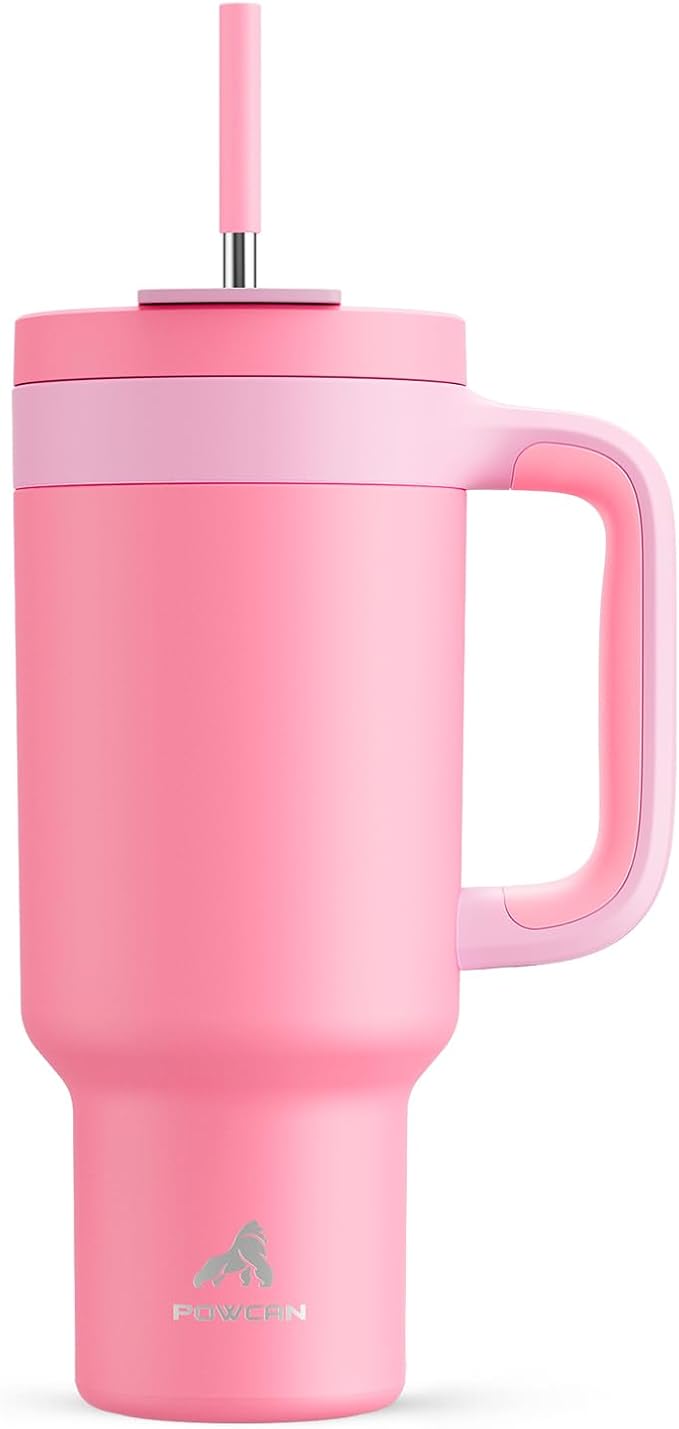 POWCAN 40 oz Tumbler with Handle, 2-in-1 Straw and Sip Lid, Leakproof, Dishwasher Safe, Insulated Stainless Steel Travel Coffee Mug, Keeps Cold for 34 Hours, Fits in Car Cup Holder (Coral)