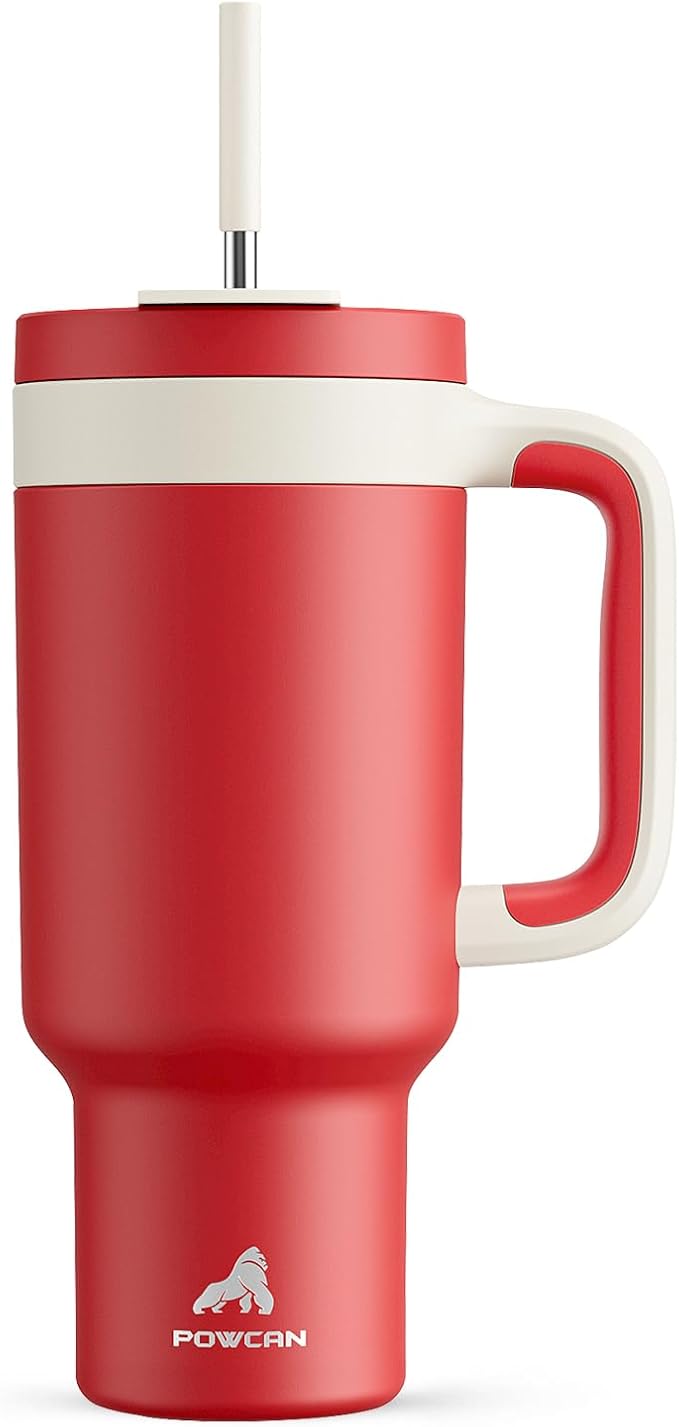 POWCAN 40 oz Tumbler with Handle, 2-in-1 Straw and Sip Lid, Leakproof, Dishwasher Safe, Insulated Stainless Steel Travel Coffee Mug, Keeps Cold for 34 Hours, Fits in Car Cup Holder (Passion)