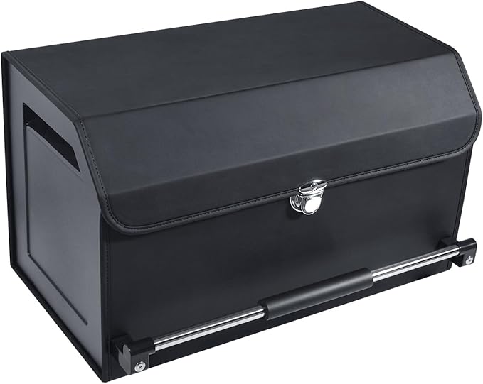 Car Trunk Organizer, Push-pull Handle, Leather Collapsible 2 Compartments Car Organizers with Lid, Car Trunk Storage Organizer, Suitable for All Kinds of Cars, SUV, Minivan (Large, Black)