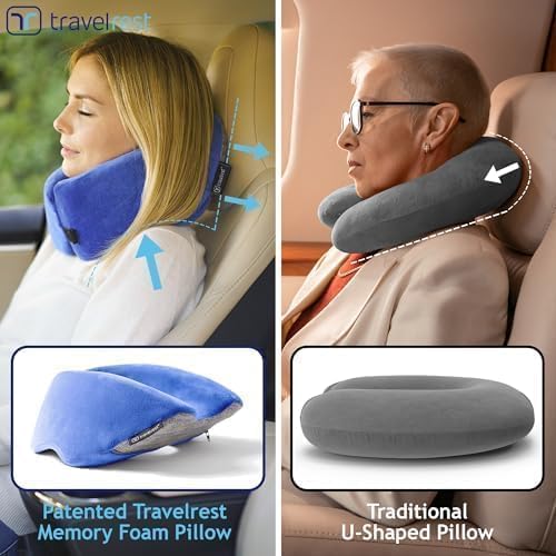 TRAVELREST Nest Neck Support Pillow - Travel Essentials, Memory Foam, Compact Travel Pillow for Long Flights, Plane Sleeping Accessories, Comfortable, Compact, Washable, Attaches to Luggage - Blue