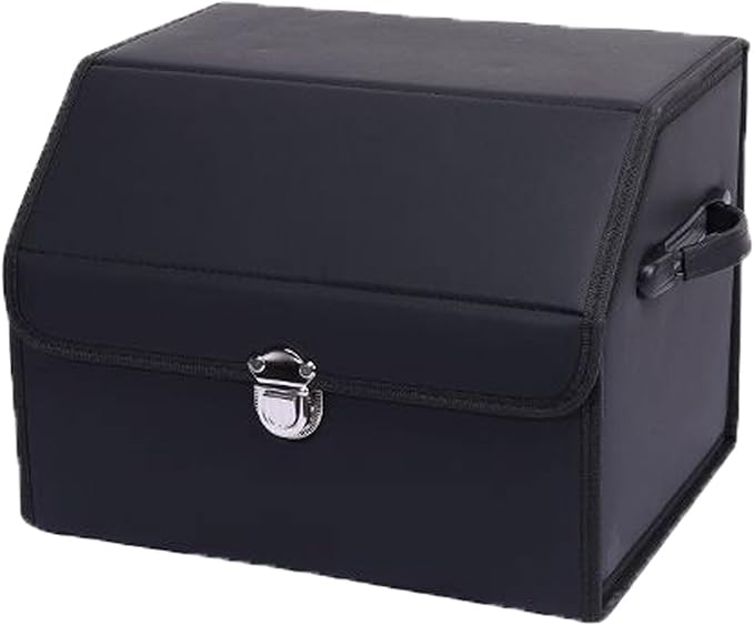 Leather Storage Box Car Trunk Organizer for Trunk SUV Sedan, Leather Foldable Storage Box with Lid (Black 14.9" L*12.2" W*11.8" H)