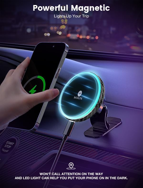 MOKPR for Magnetic Car Mount Charger-15W Wireless Car Charger-Magnetic Car Phone Holder for Dash Air Vent-LED RGB HandsFree Car Mount Fast Car Charger for iPhone 14/13/12 Series Carbon Fiber