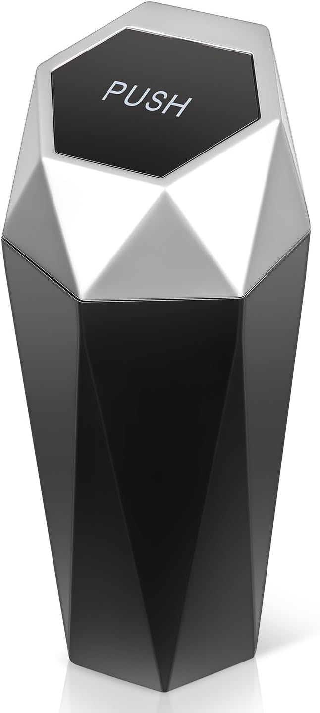 Auto Dynasty Car Trash Can with Lid, Compact 3" Garbage Bins Bottle Holder, 0.5L Capacity Car Interior Storage Organizer Container for Home Office, Silver