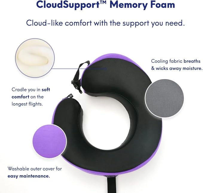 C CUSHION LAB Travel Pillow, Award-Winning Patented Ergonomic Design for Chin & Neck Support Memory Foam Neck Pillow, Compact Airplane Pillow for Traveling, Flight, Car (Royal Purple, Large)