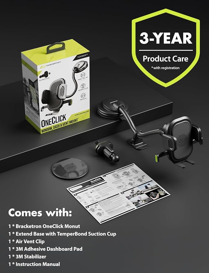 Bracketron OneClick Flexible Phone Holder for Car Dashboard,Windshield & Vent,3 in 1 Car Phone Holder with 7" Adjustable Gooseneck Arm,360 Rotation Car Phone Mount for All iPhone Android Smartphone.
