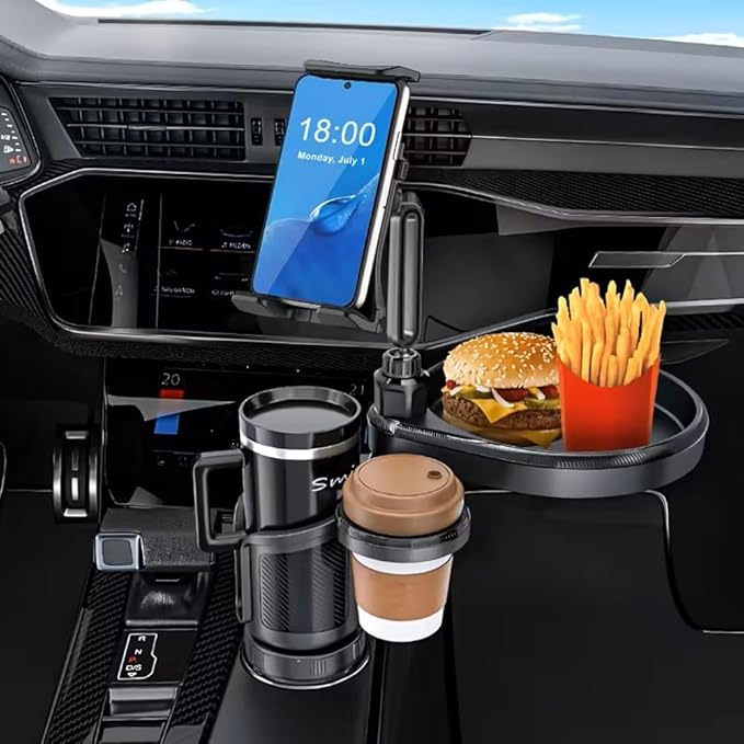 4 in 1 Car Table Tray，360° Rotation Cup Holder Tray for Car ，Mobile Phone Holder Car Cup Holder Tray ， Compatible with Vehicles, Car, Road Trip Essentials