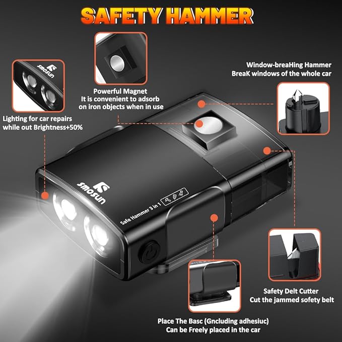 Upgraded Safe Hammer Glass Breaker Under Water, 3 in 1 Car Hammer Seatbelt Cutter Window Breaker Emergency Escape Tool, with Flashlight, Glass Breaker for New Cars (Black 2PCS)