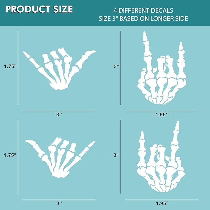 (4PCs) Skeleton Hand Decal Set White Vinyl Stickers Waterproof Durable Easy to Apply Rock On Hang Loose Skeleton Hand Car Truck Bumper Laptop Window Decoration 3 Inches (White)