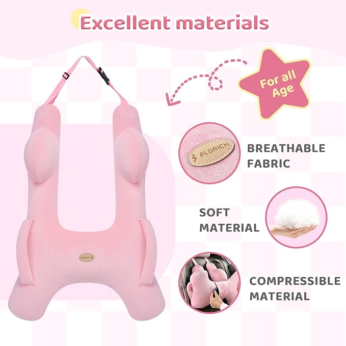 FLORICH Kids Travel Pillow, Car Sleeping Travel Pillow for Kids, Washable H-Shaped Pillow for Adults and Children to Support Head and Body for Road Trips Pillow for Car (Pink)