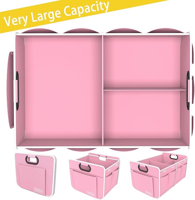 Homeve Car Trunk Organizer, Car Storage, Reinforced Handles, Collapsible Multi-Compartment Car Organizers (Pink, 2 Compart)