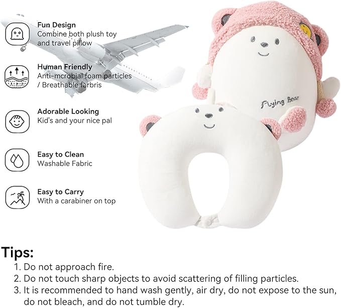 Kids Travel Pillow - 2-in-1 Deformable Kids Neck Pillow for Traveling, Soft U-Shaped Pillow with Adorable Animal Design, Comfy Sleep and Play, Ideal for Airplanes and Cars - Pink Bear