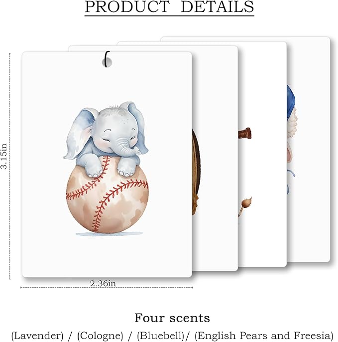 Baseball Animal Nursery Air Freshener 4 Pcs, Cute Animal Baseball Supplies Hanging Scents Air Freshener for Kids Boys Gifts, Vintage Scented Car Accessories Decor for Boys Kids Room Nursery
