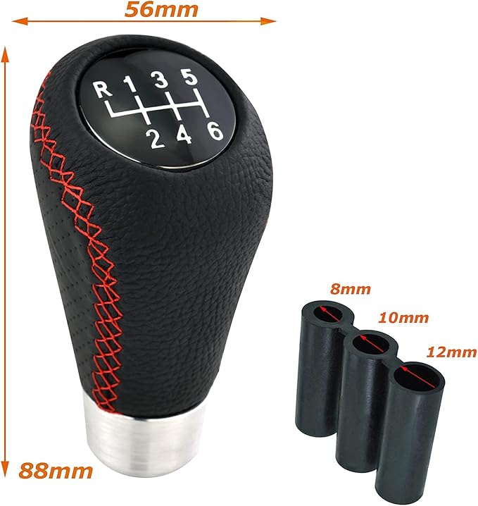 Lunsom 6 Speed Manual Shifter Knob PU Gear Shift Handle Leather Car Shifting Lever Head Accessories Fit Most Vehicle (Red Suture)