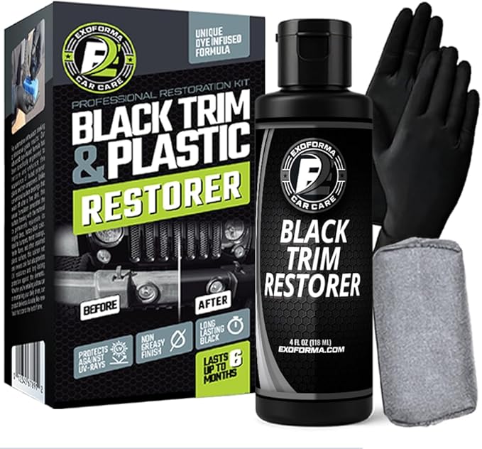 ExoForma Black Trim Restorer - Lasts 6+ Months, Dye Infused Waterproof Plastic Restorer for Cars - Perfect for Faded Bumpers, Trim & Vinyl on Jeeps, Truck Beds, Avalanches & ATVs | 4oz Kit