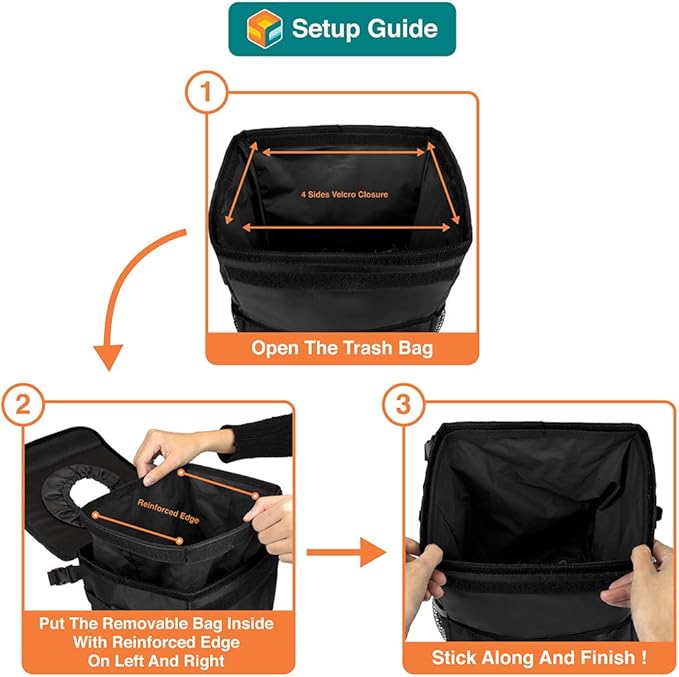 SUN CUBE Waterproof Car Trash Can with Lid, Mesh Pockets | Leakproof Car Garbage Can Hanging | Auto Trash Bin, Garbage Bag Organizer for Headrest, Console, Truck (Black)