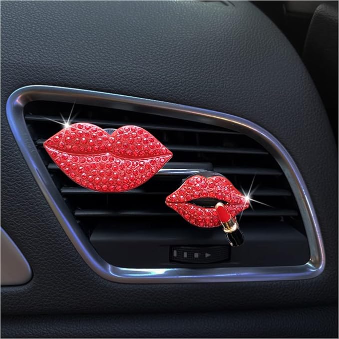 ZOSTLAND Rhinestone Car Decorative Clip,Car Air Fresheners, Lipstick Car Vent Clip,Personalized Automotive Interior Decoration Accessories,Car Decor Gift for women,Girl (2pcs Red Lip)