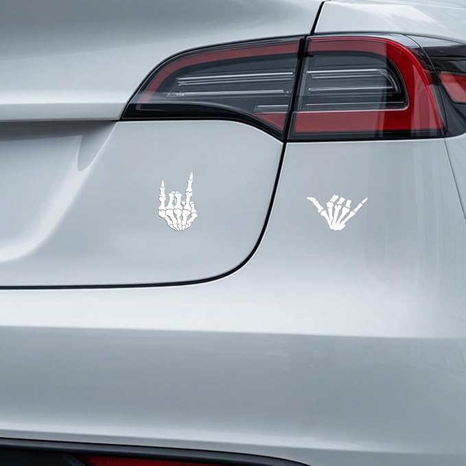 (4PCs) Skeleton Hand Decal Set White Vinyl Stickers Waterproof Durable Easy to Apply Rock On Hang Loose Skeleton Hand Car Truck Bumper Laptop Window Decoration 3 Inches (White)