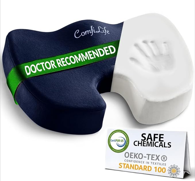 ComfiLife Premium Seat Cushion – 100% Memory Foam Office Chair Cushion, Back Relief (Navy)