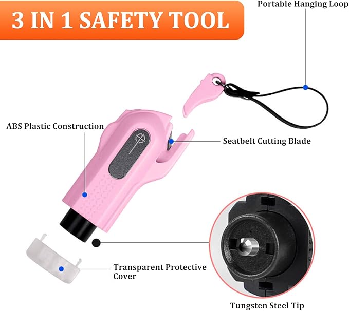 2-in-1 Window Glass Breaker Seatbelt Cutter, 2-Pack Emergency Keychain Car Escape Survival Tool, Safehammer for Land/Underwater, Pink