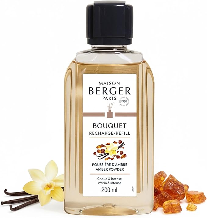 Maison Berger Amber Powder Fragrance Refill – 200mL (6.76 Fluid Ounces) Scented Oil for Reed and Ceramic Diffusers Warm Spiced Aroma with Amber and Vanilla – French Elegance for Refined Interiors