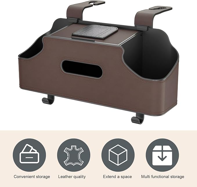 1 PC Car Seat Back Organizer, Car Back Seat Multi-Function Storage Box with 2 Drink Cup Holders, 11.42" x 3.35" Leather Tissue Organizer, Universal for Most Cars, Trucks, SUVs (Brown)