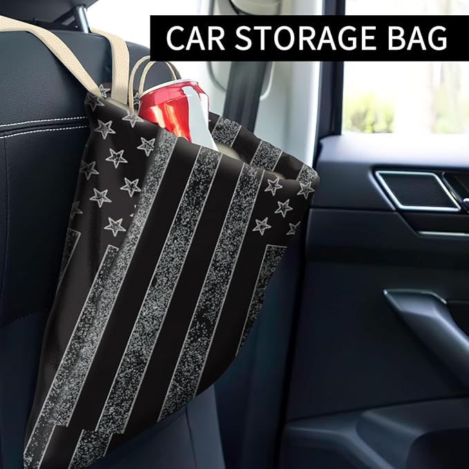 Car Trash Can, Cute Car Trash Bag, Hanging Car Organizer and Storage Bag, Trash Bin for Car Accessories, Vehicle, Travelling, Camping Dark American Flag