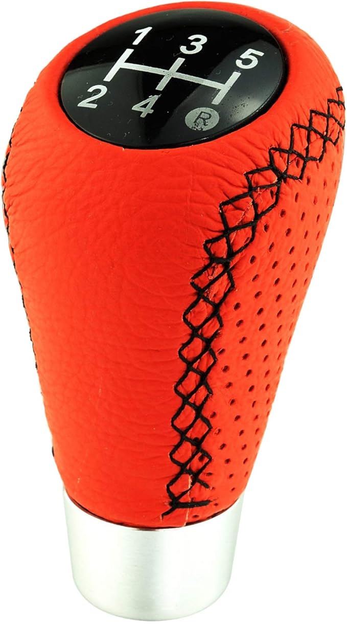 Lunsom 5 Speed Shift Knob, Leather Gear Shifter Knob Alloy Shifting Lever Head Handle Shifting Replacement Head Fit Manual Transmission Vehicles (Red)