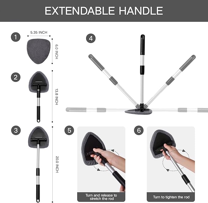 10pcs Windshield Cleaning Tool Inside Car Window Cleaner Wash Kit with 4 Reusable Microfiber Pads 1 Spray Bottle and Extendable Handle Interior Auto Glass Wiper Kit, Blue&Gray