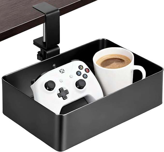 MYITYARD Under Desk Organizer, 360° Rotating Desk Cup Holder Clamp, Clamp on Drawer Under Desk Storage Organizer with Game Console, Phone, Cable Management for Office and Home (Rectangular)