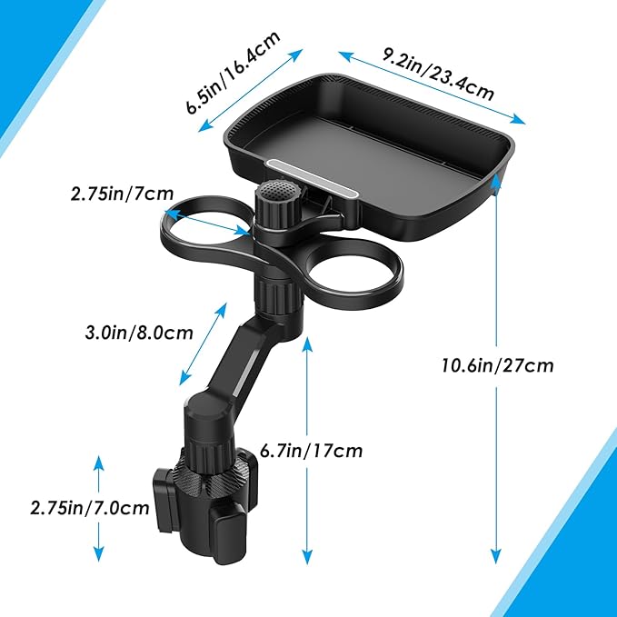 Biupky Car Cup Holder Expander, 4-in-1 Universal Cup Holder Tray Compatible with 2.6" to 3.94", Multi Cup Holders Table with Large Food Tray Phone Mount, for Travel Auto Trucker Road Trip Essentials