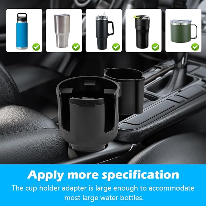 1 Pack Car Cup Holder Expander 2 in 1 Adapter with Expandable Base, Car-Seat Headrest Hook 4 Pack Hanger Storage Organizer fit Universal Vehicle Car