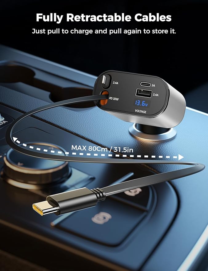 【Upgraded】 SUPERONE Retractable Car Charger 4 in 1, Fast Car Phone Charger with Cord 2.6ft, USB C and Apple Car Charger Adapter, Compatible with iPhone 17/16/15/15 Pro Max/14/13/12/11, Galaxy, Pixel