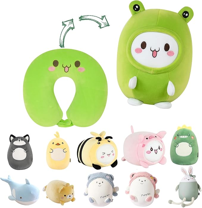 Kids Travel Pillow - 2-in-1 Deformable Kids Neck Pillow for Traveling, Soft U-Shaped Pillow with Adorable Animal Design, Comfy Sleep and Play, Ideal for Airplanes and Traveling (Green Frog)