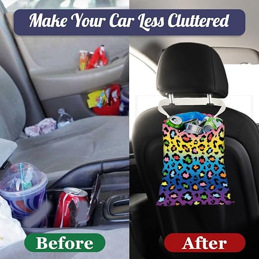 Colorful Leopard Print Car Trash Bag Hanging Garbage Bag with Snap Buttons Car-Back Seat Trash Storage Portable Dustbin for Men Women Car Interior Accessories Travel Camping