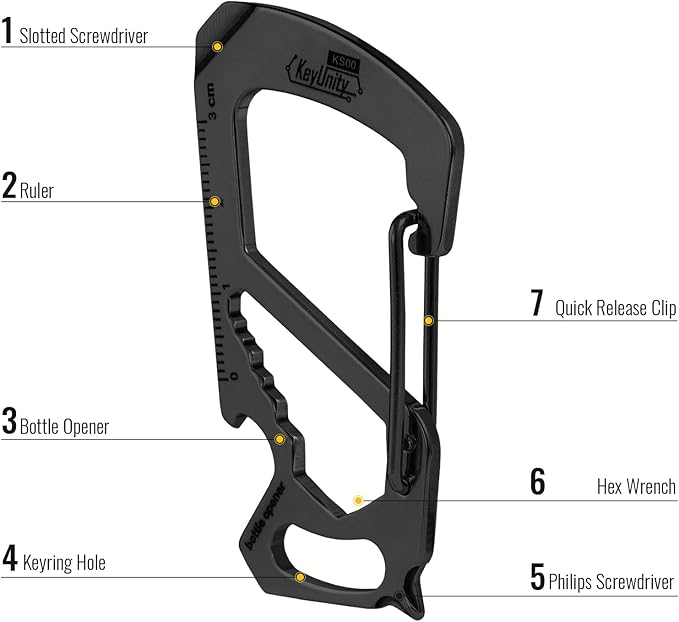 KeyUnity KS00BK Carabiner Clip Multitool Stainless Steel 7 Tools in 1, Quick Release Clasp, Wrench, Cross Screwdriver, Slotted Screwdriver, Bottle Opener, Ruler, Key Holder (PVD Black)