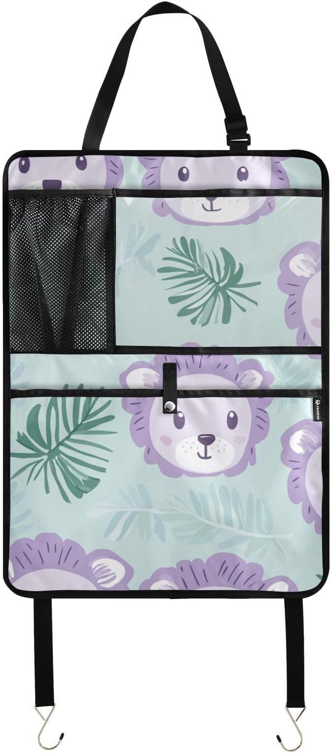 Cute Green Lion and Palm Leaves 1 Pack Backseat Car Organizer with Storage Pockets Seat Back Organizers for Kids Kick Mats Backseat Protector Automotive