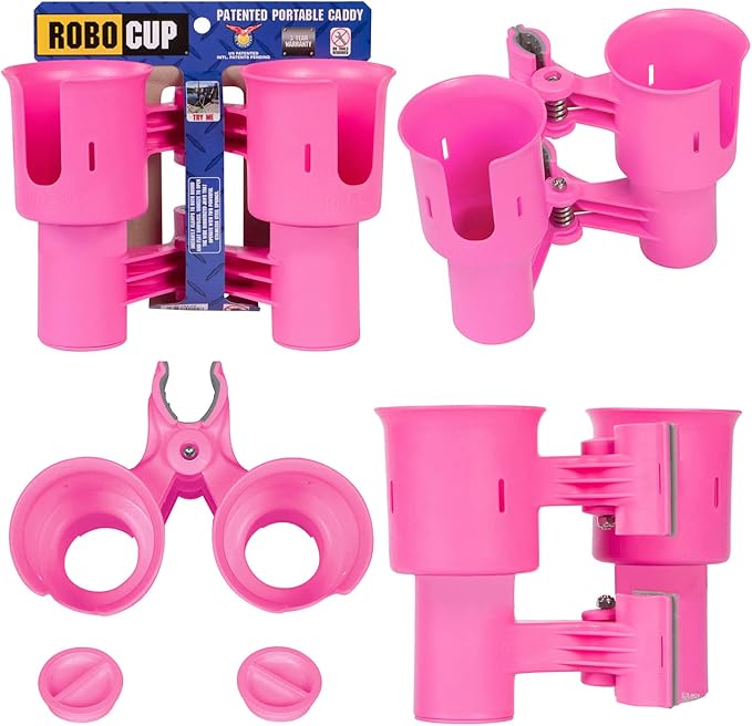 ROBOCUP, Patented Boat Cup Holder, Clamp on Portable Storage Caddy Securely Holds 2 Drinks, Fishing Poles, Tools, Marine Gear | Perfect for Boating, Beach Umbrellas, Golf Carts