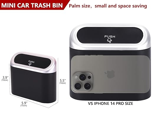 Ginsco Mini Car Trash Can with Lid, Small Car Garbage Can, Cute Leakproof ABS Car Trash Bin, Car Accessories for Interior, Garbage Bin for Car, Home, Office with 60pcs Trash Bags Black/Silver