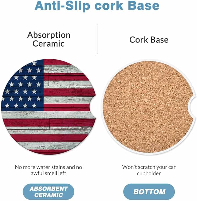 Patriotic Car Coasters for Cup Holders Flag Stars Stripes Graffiti Car Cup Holder Coasters 2 Pack for Car, Anti Slip Ceramic Car Cup Mat with Finger Notch Cute Car Interior Accessories for Women Men